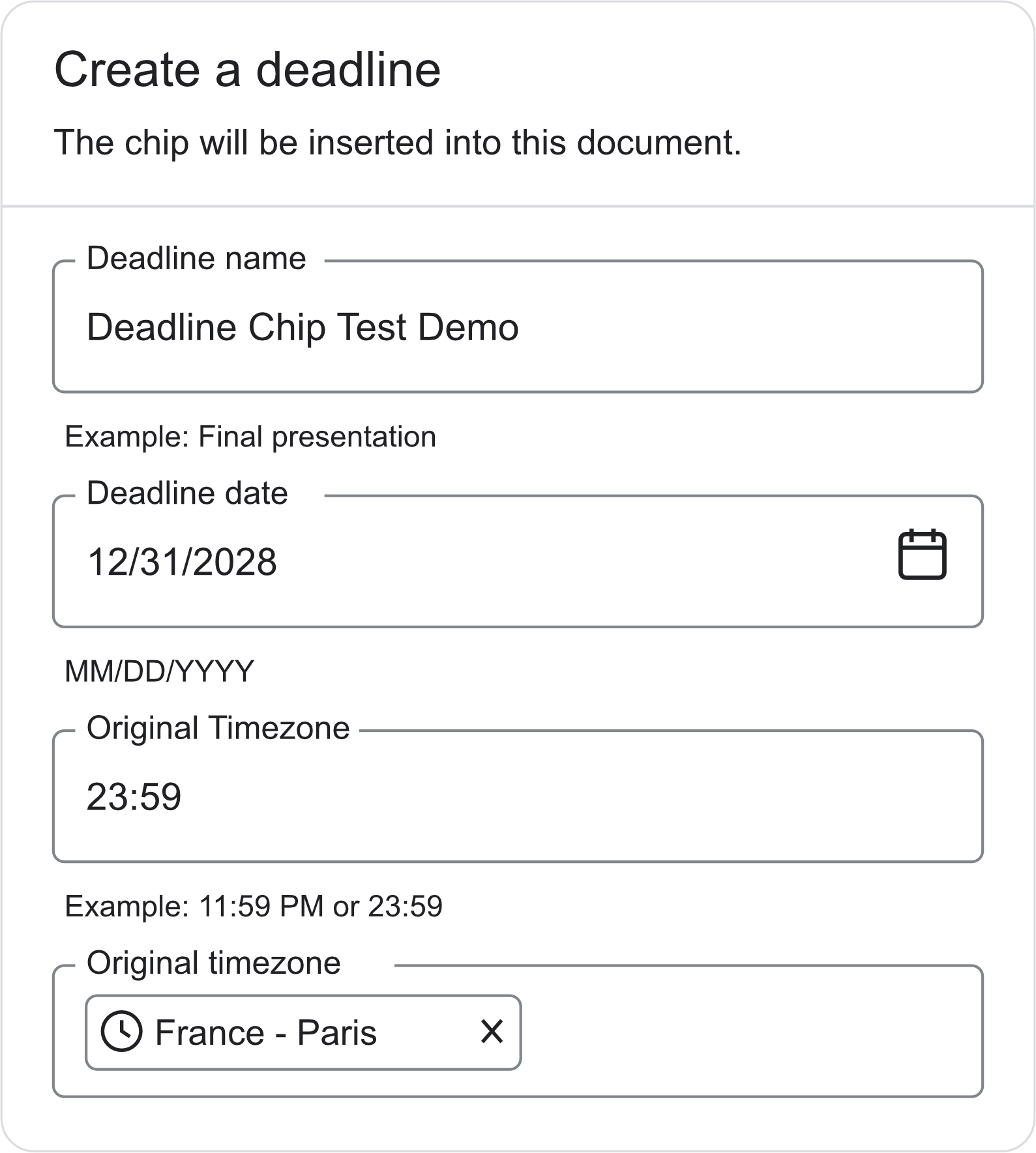 Deadline Chip creation form with name, date, time and time zone fields